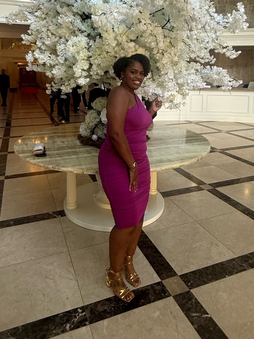 One-Shoulder Ruched Midi Dress - Magenta - Picture 2 of 2